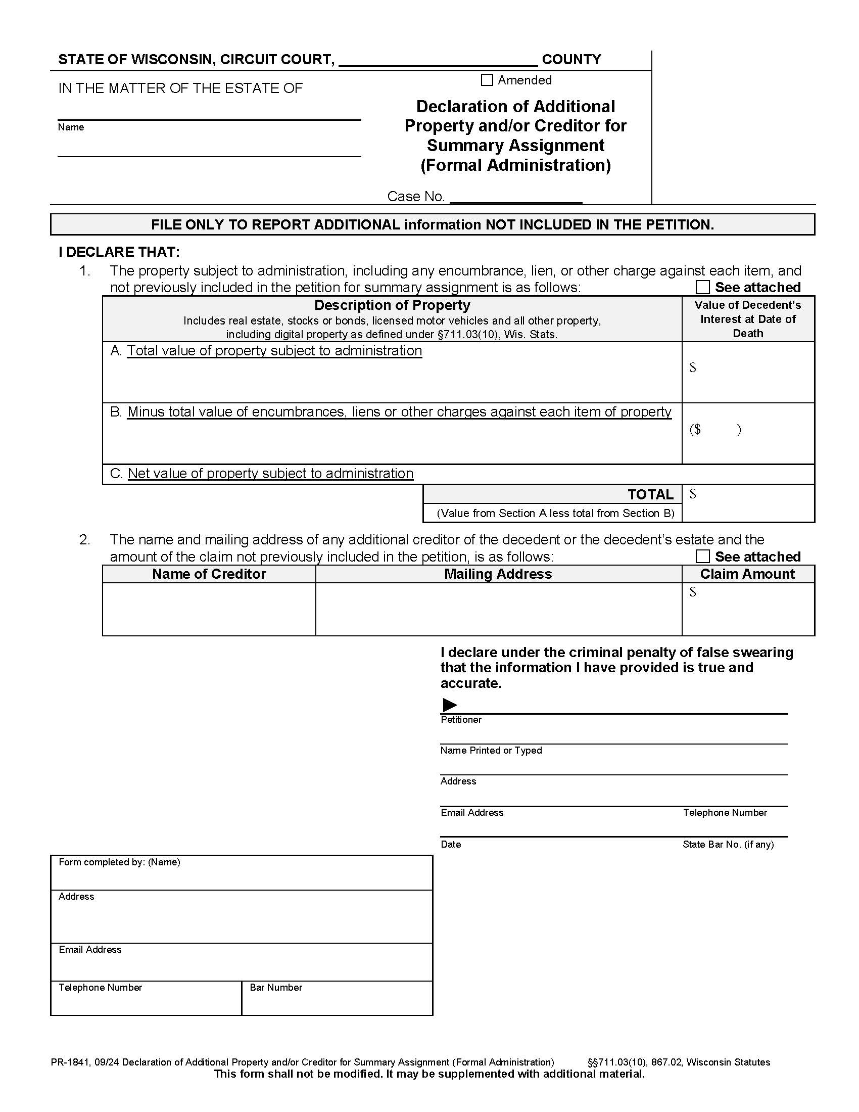 Affidavit Of Additional Property And Or Creditor For Summary Assignment (Formal Administration) {PR-1841} | Pdf Fpdf Docx | Wisconsin