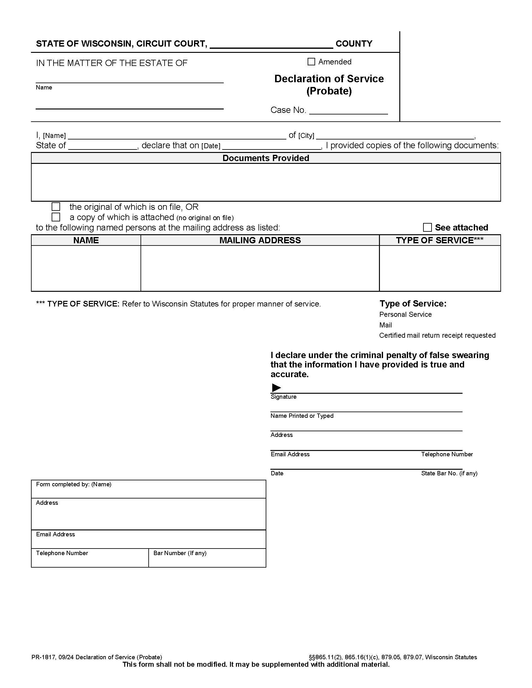 Affidavit Of Service {PR-1817} | Pdf Fpdf Docx | Wisconsin