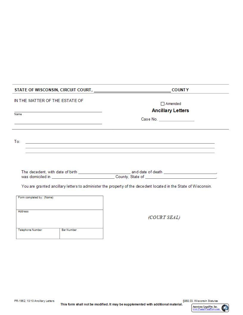 Ancillary Letters {PR-1962} | Pdf Fpdf Docx | Wisconsin