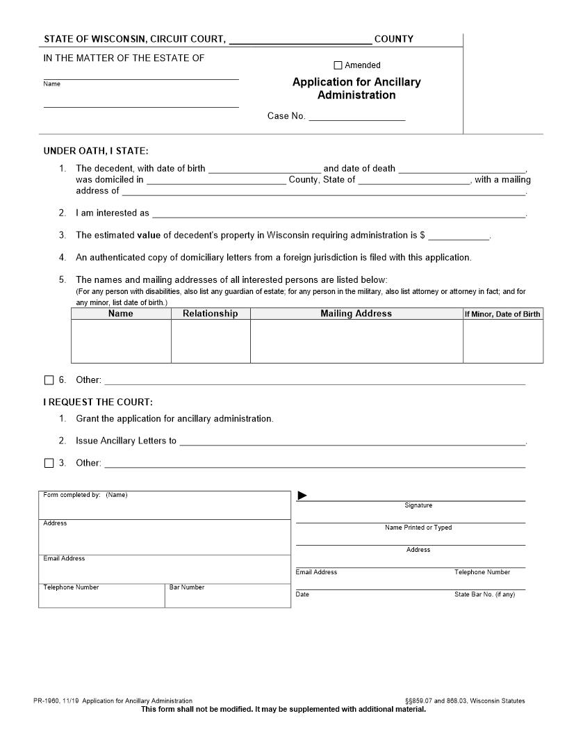 Application For Ancillary Administration {PR-1960} | Pdf Fpdf Docx | Wisconsin