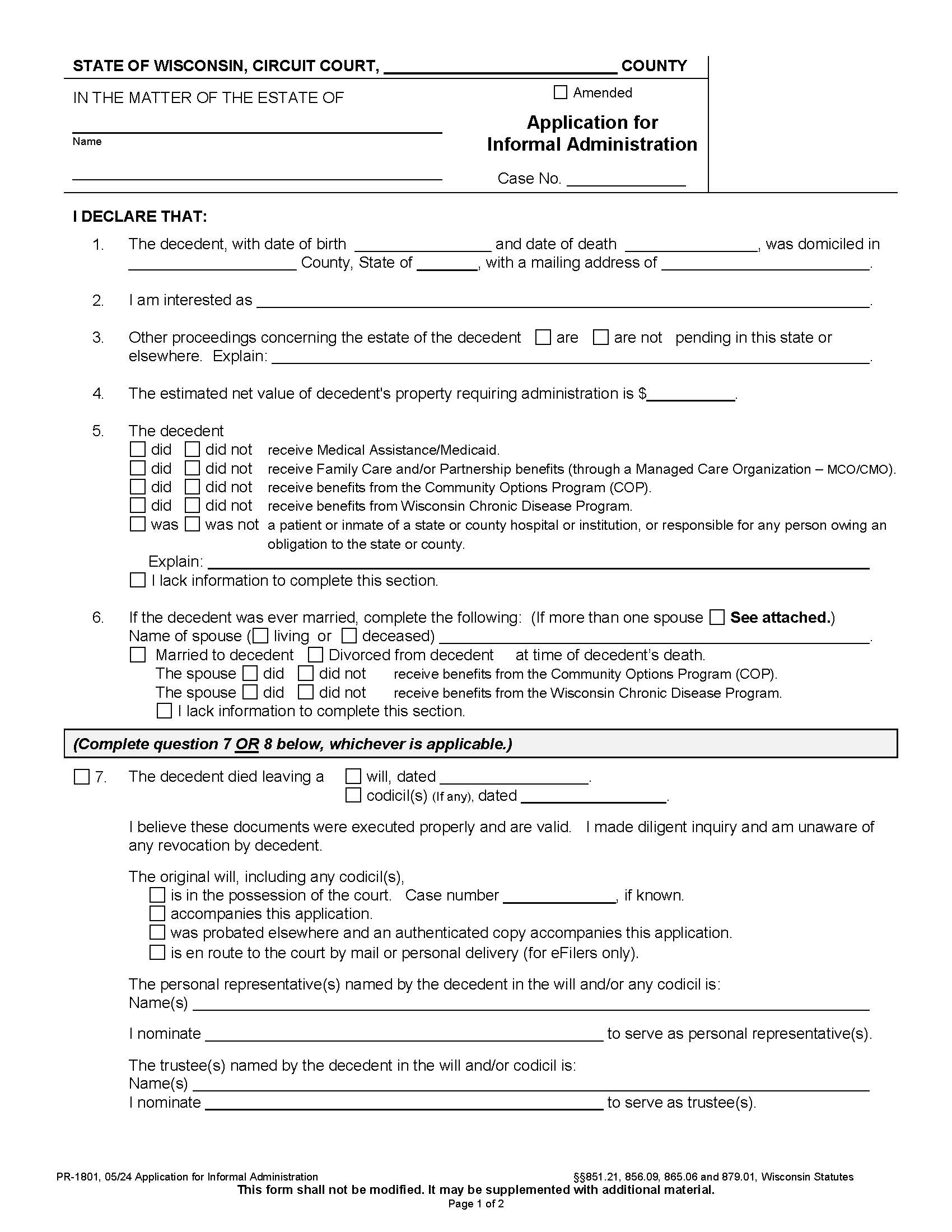 Application For Informal Administration {PR-1801} | Pdf Fpdf Docx | Wisconsin