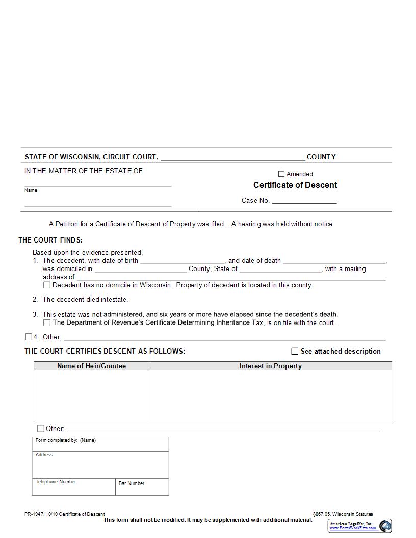 Certificate Of Descent {PR-1947} | Pdf Fpdf Docx | Wisconsin