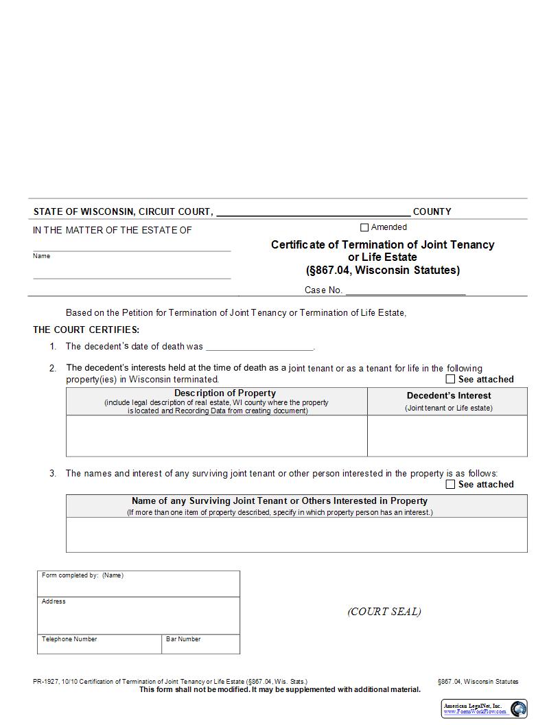 Certificate Of Termination Of Joint Tenancy Or Life Estate (867.04) {PR-1927} | Pdf Fpdf Docx | Wisconsin