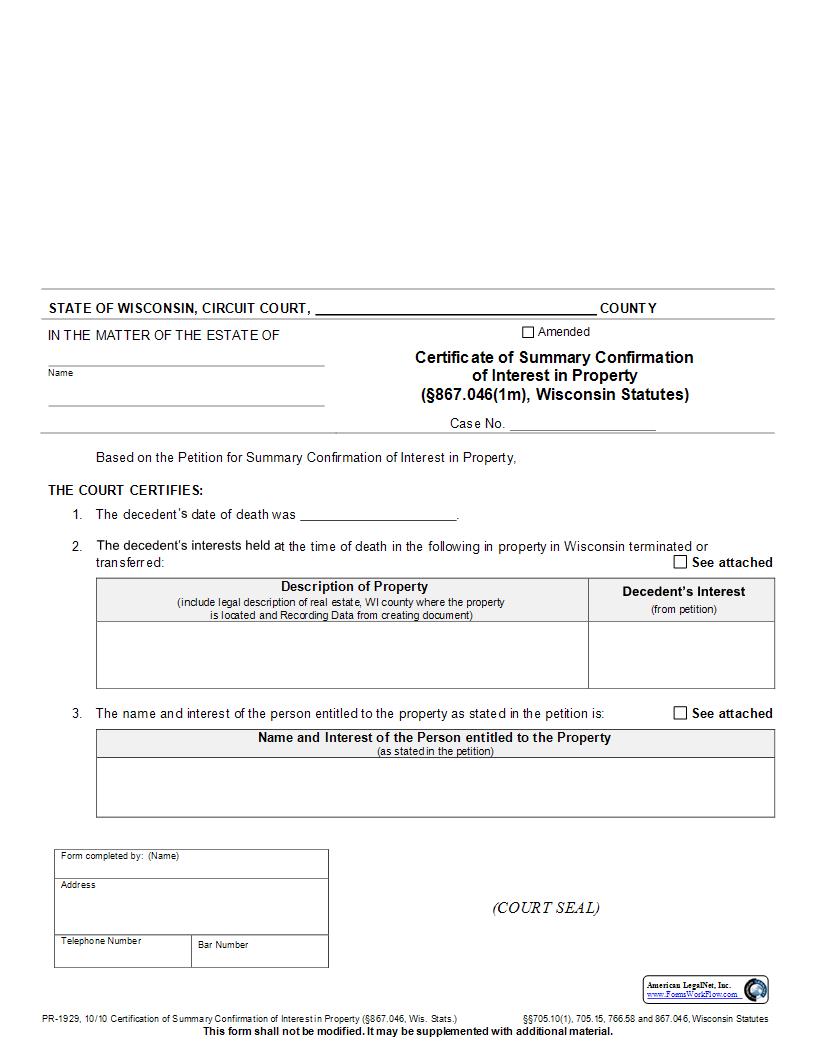 Certification Of Summary Confirmation Of Interest In Property {PR-1929} | Pdf Fpdf Docx | Wisconsin