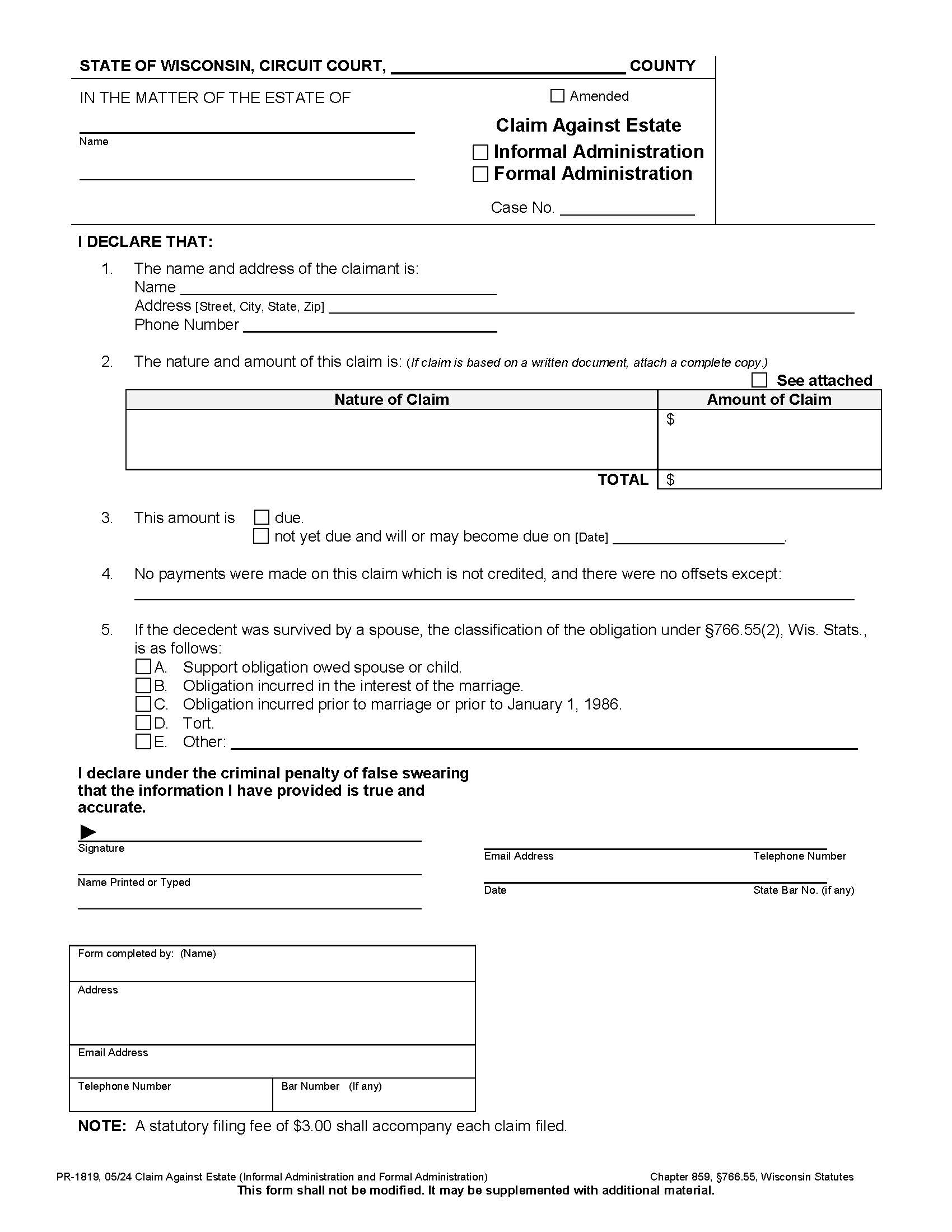 Claim Against Estate {PR-1819} | Pdf Fpdf Docx | Wisconsin