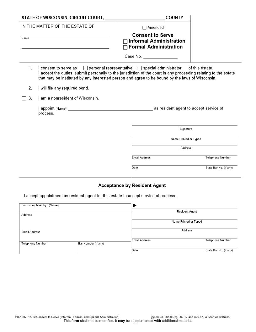 Consent To Serve (Informal-Formal-Special Administration) {PR-1807} | Pdf Fpdf Docx | Wisconsin