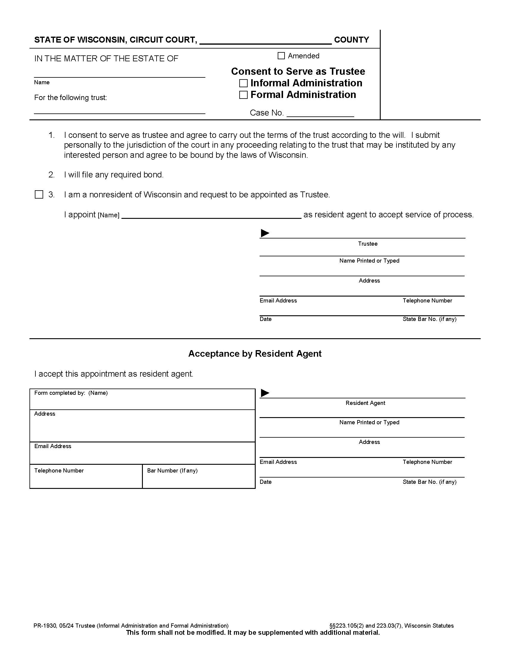 Consent To Serve As Trustee {PR-1930} | Pdf Fpdf Docx | Wisconsin