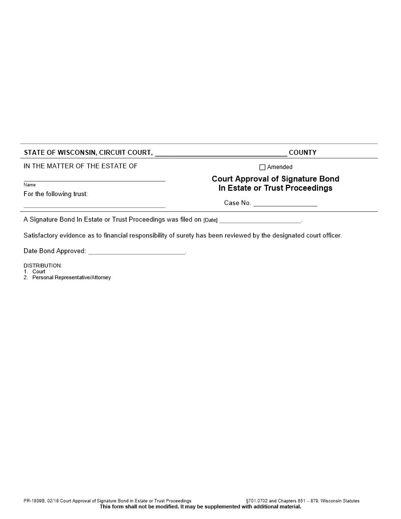 Court Approval Of Signature Bond In Estate Or Trust Proceedings {PR-1809B} | Pdf Fpdf Docx | Wisconsin