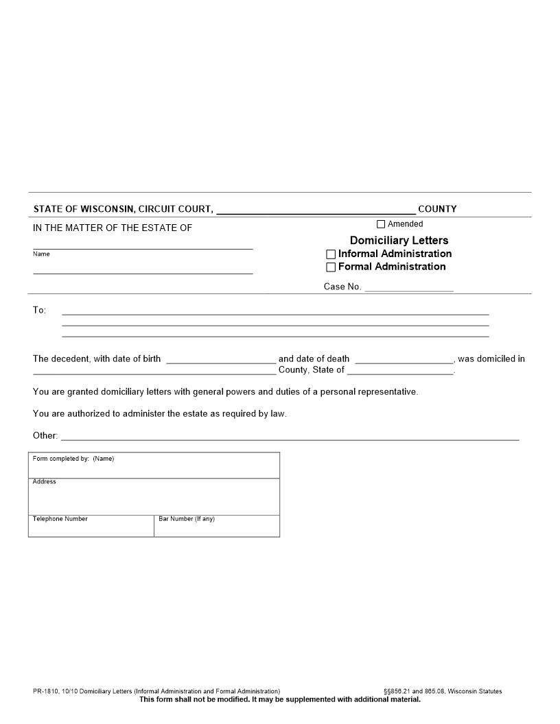 Domiciliary Letters (Informal Or Formal Administration) {PR-1810} | Pdf Fpdf Docx | Wisconsin