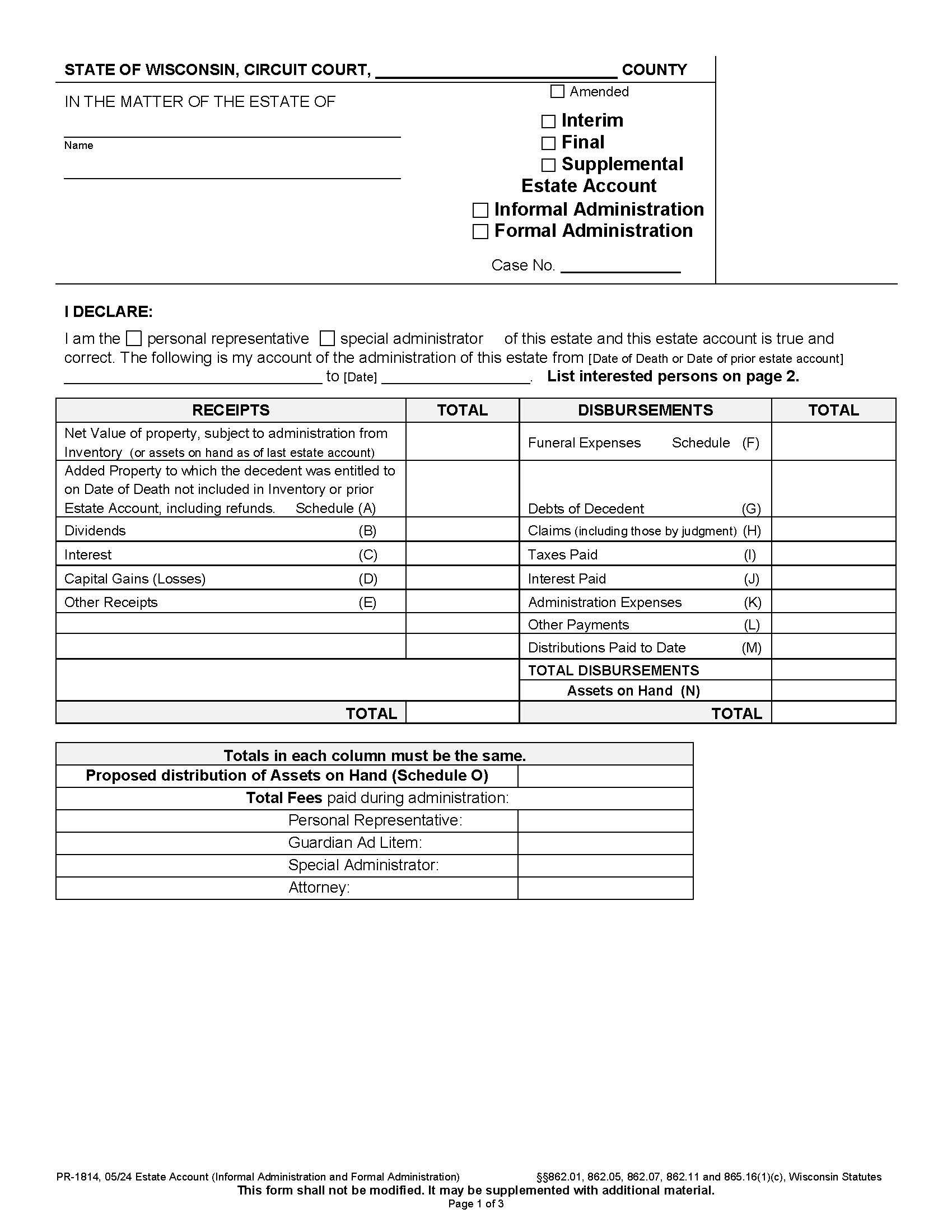 Estate Account (Informal And Formal Administration) {PR-1814} | Pdf Fpdf Docx | Wisconsin