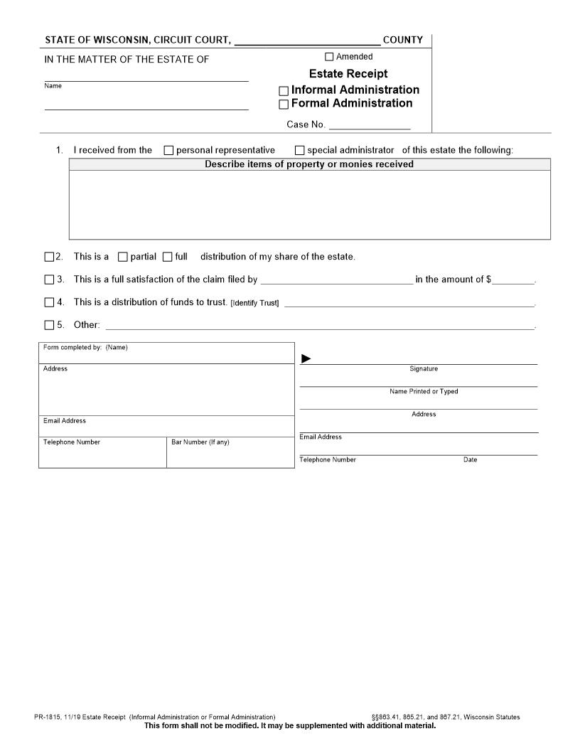 Estate Receipt (Informal And Formal Administration) {PR-1815} | Pdf Fpdf Docx | Wisconsin