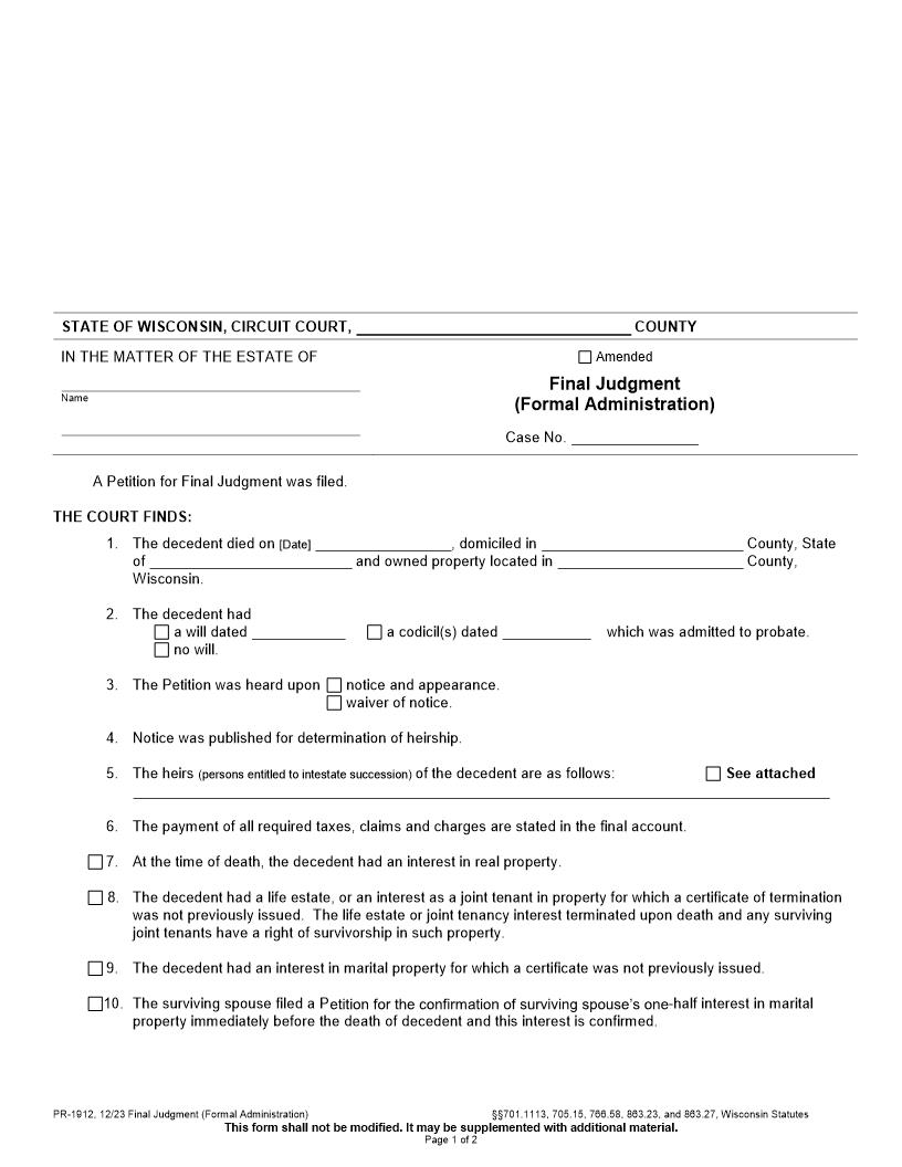 Final Judgment (Formal Administration) {PR-1912} | Pdf Fpdf Docx | Wisconsin