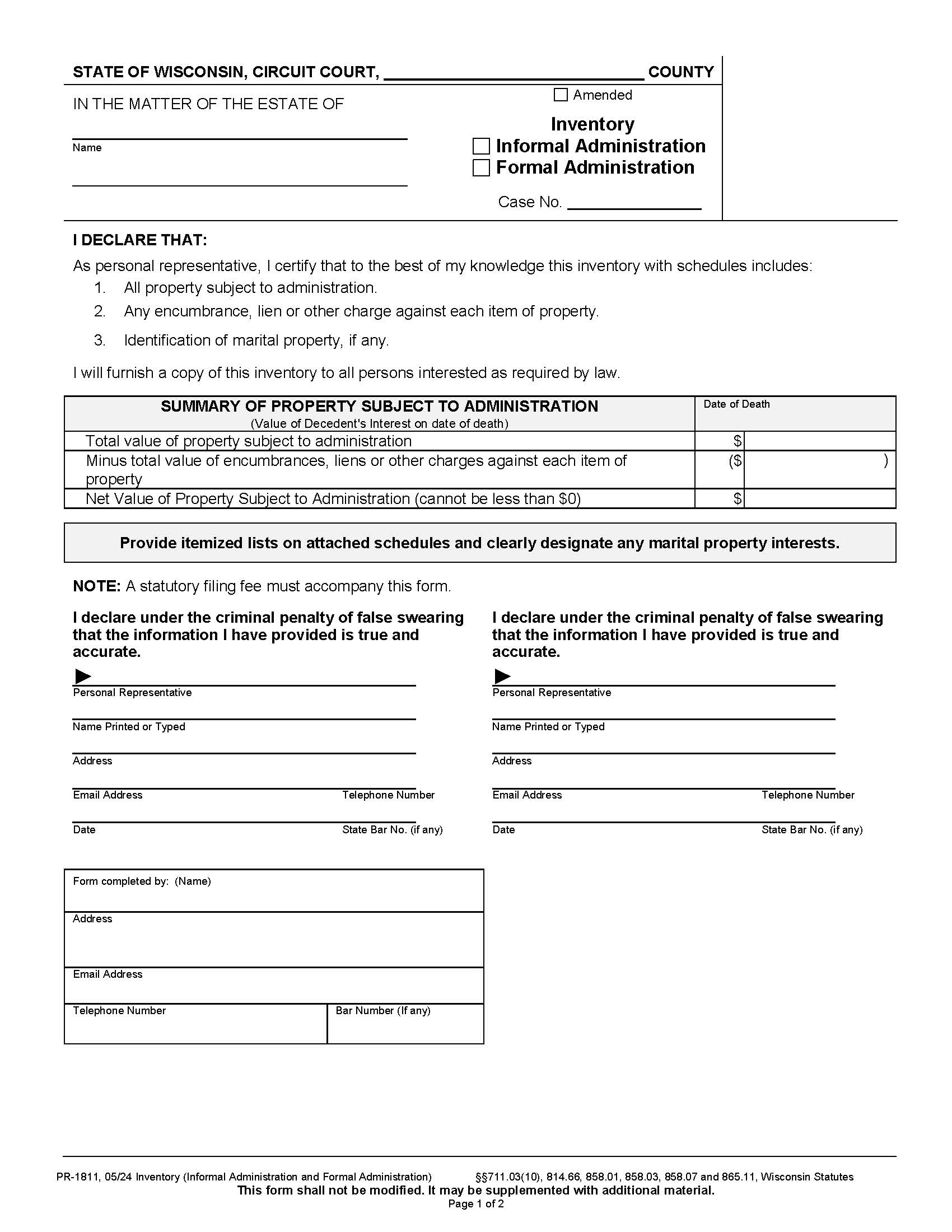 Inventory (Informal And Formal Administration) {PR-1811} | Pdf Fpdf Docx | Wisconsin