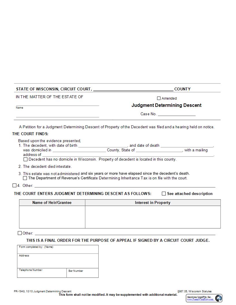 Judgment Determining Descent {PR-1948} | Pdf Fpdf Docx | Wisconsin