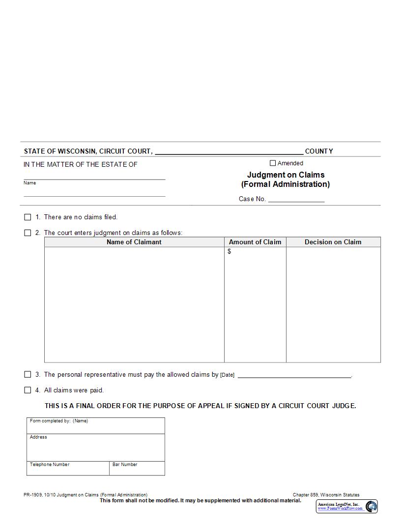 Judgment On Claims (Formal Administration) {PR-1909} | Pdf Fpdf Docx | Wisconsin