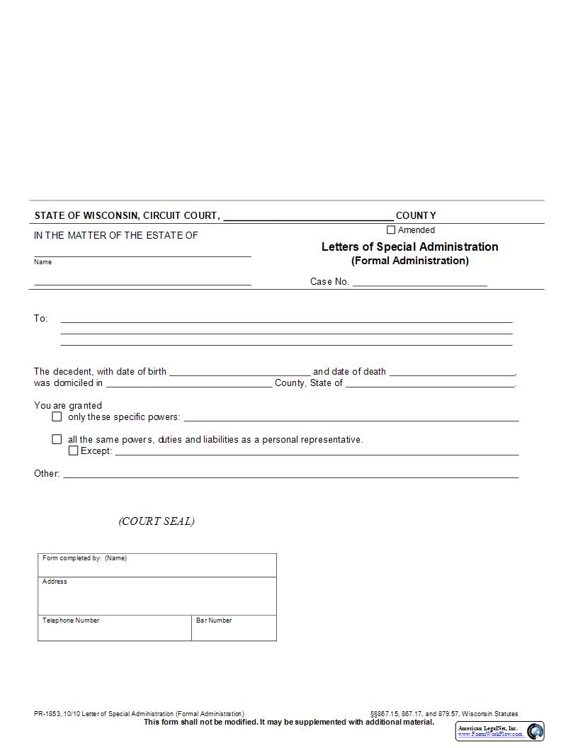 Letters Of Special Administration {PR-1853} | Pdf Fpdf Docx | Wisconsin