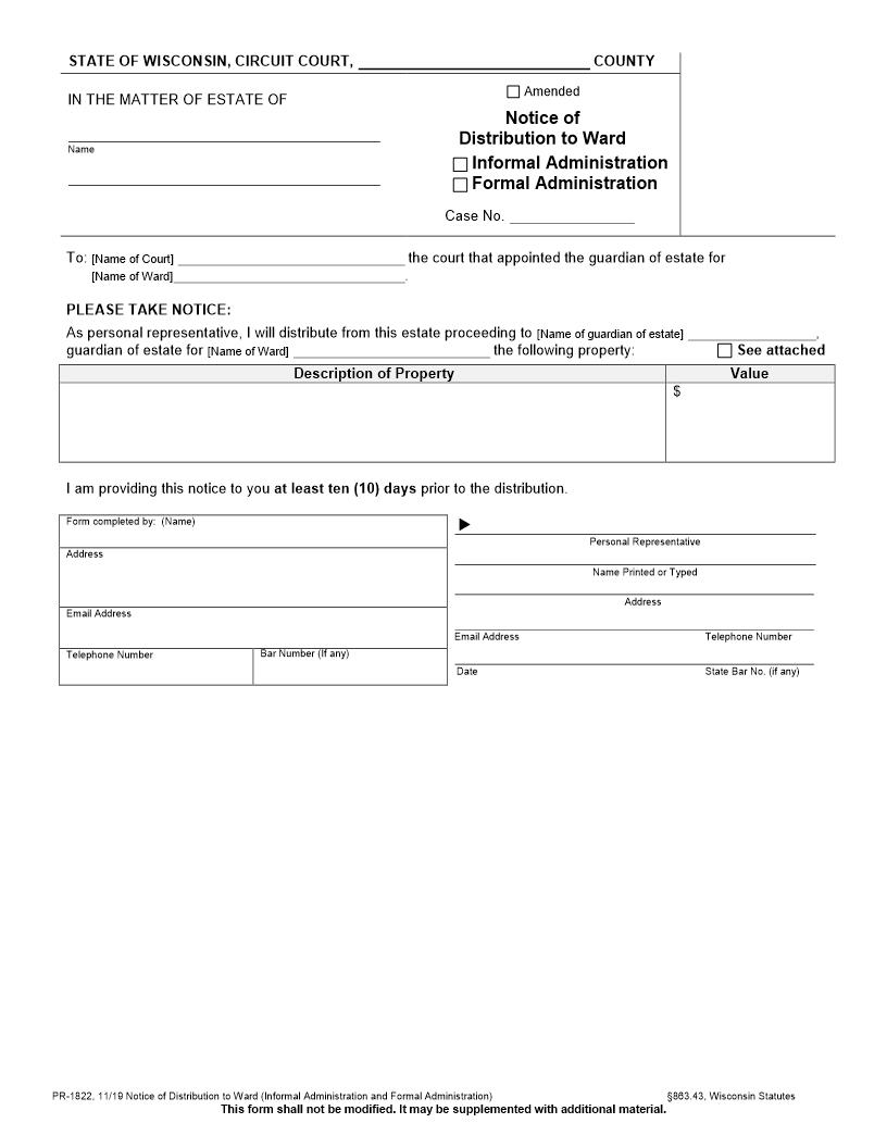 Notice Of Distribution To Ward (Informal And Formal Administration) {PR-1822} | Pdf Fpdf Docx | Wisconsin