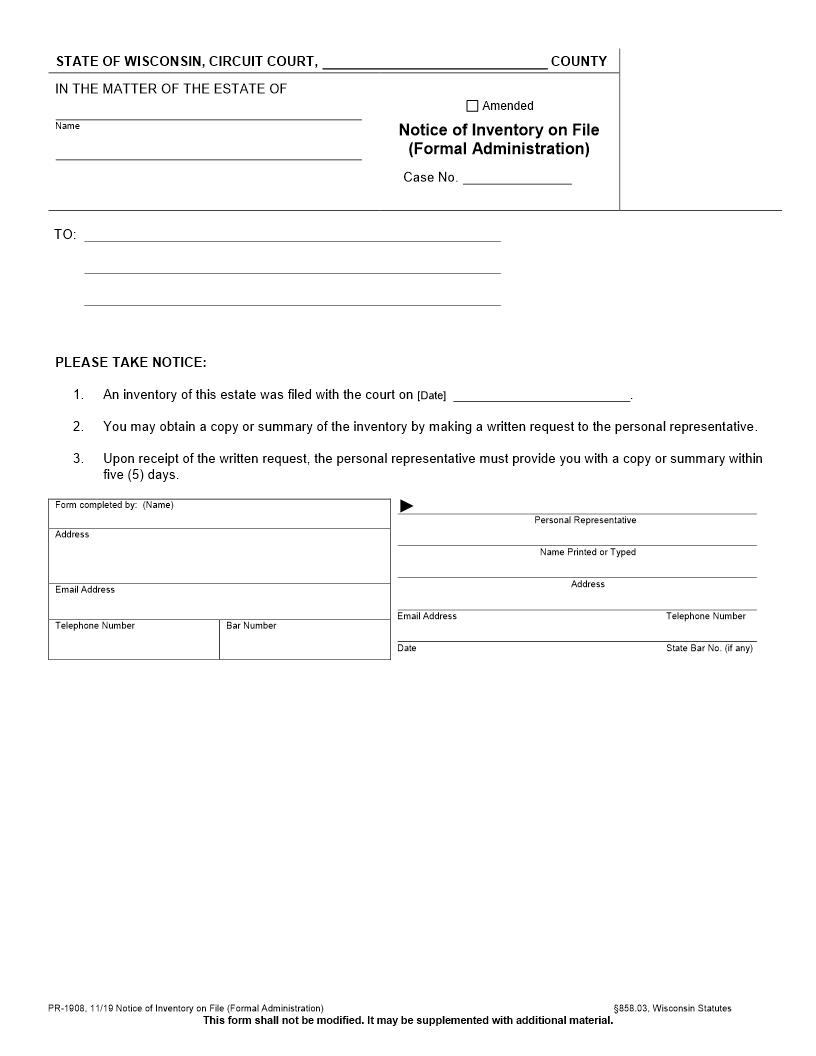 Notice Of Inventory Of File (Formal Administration) {PR-1908} | Pdf Fpdf Docx | Wisconsin
