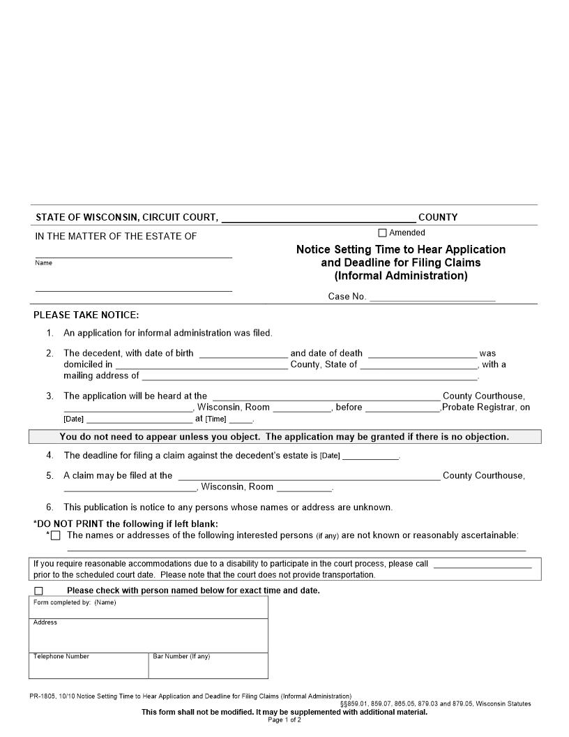 Notice Setting Time To Hear Application And Deadline For Filing Claims {PR-1805} | Pdf Fpdf Docx | Wisconsin