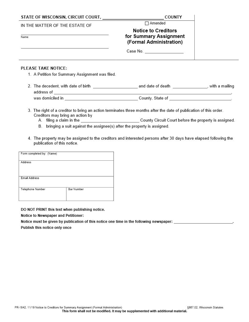 Notice To Creditors For Summary Assignment (Formal Administration) {PR-1842} | Pdf Fpdf Docx | Wisconsin