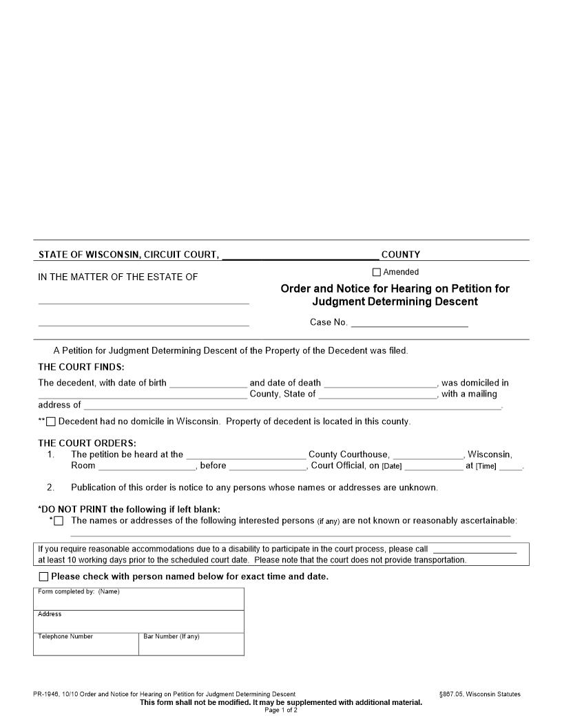 Order And Notice For Hearing On Petition For Judgment Determining Descent {PR-1946} | Pdf Fpdf Docx | Wisconsin