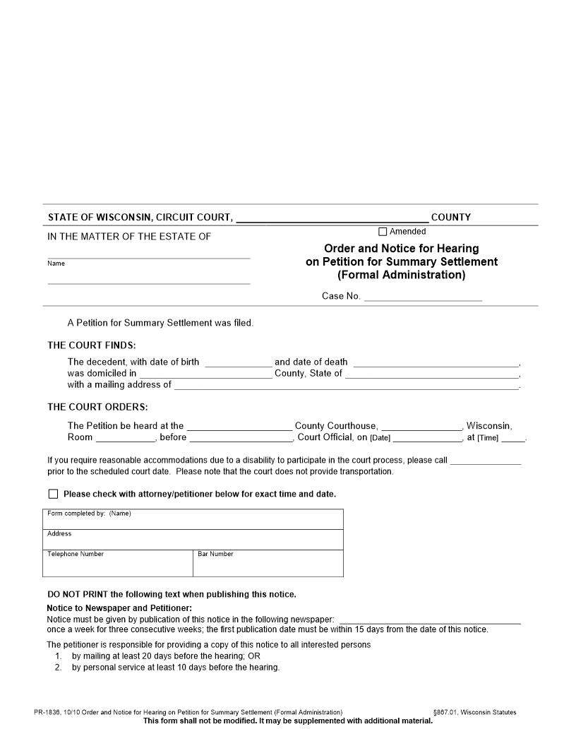 Order And Notice For Hearing On Petition For Summary Settlement {PR-1836} | Pdf Fpdf Docx | Wisconsin