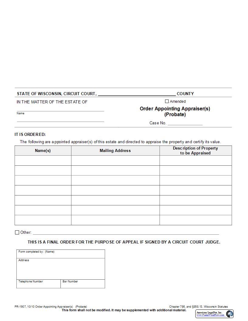 Order Appointing Appraiser(s) (Probate) {PR-1907} | Pdf Fpdf Docx | Wisconsin