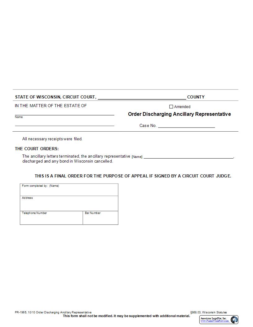Order Discharging Ancillary Representative {PR-1965} | Pdf Fpdf Docx | Wisconsin