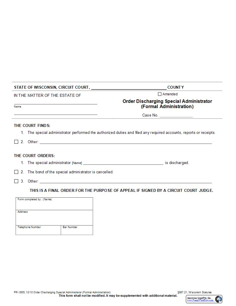 Order Discharging Special Administrator (Formal Administration) {PR-1855} | Pdf Fpdf Docx | Wisconsin