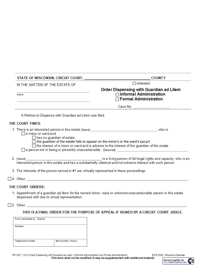 Order Dispensing With Guardian Ad Litem (Informal And Formal Administration) {PR-1821} | Pdf Fpdf Docx | Wisconsin