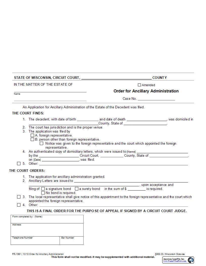 Order For Ancillary Administration {PR-1961} | Pdf Fpdf Docx | Wisconsin