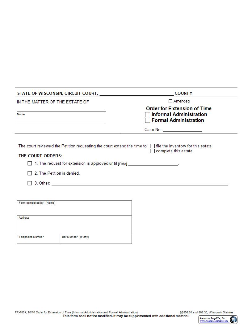 Order For Extension Of Time {PR-1834} | Pdf Fpdf Docx | Wisconsin