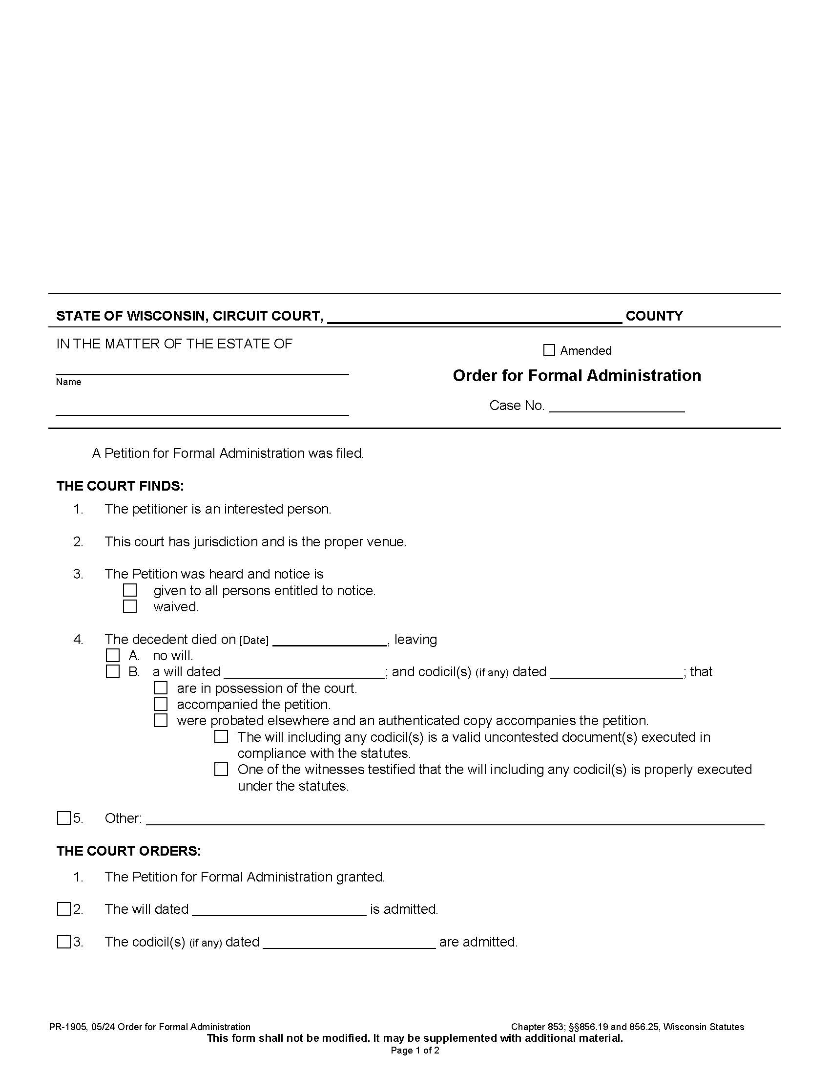 Order For Formal Administration {PR-1905} | Pdf Fpdf Docx | Wisconsin
