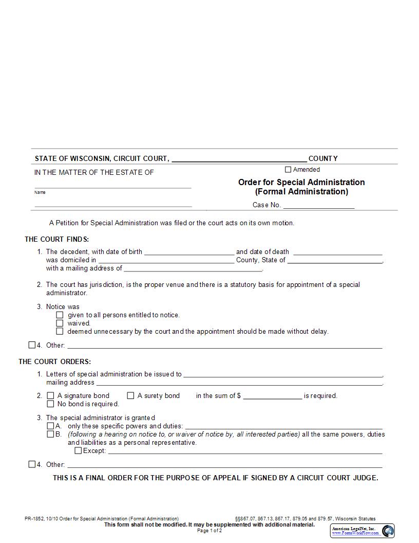 Order For Special Administration (Formal Administration) {PR-1852} | Pdf Fpdf Docx | Wisconsin