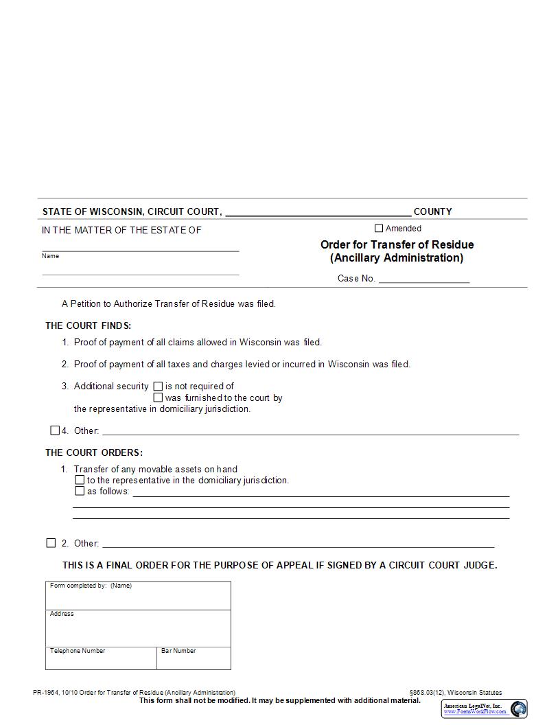 Order For Transfer Of Residue (Ancillary) {PR-1964} | Pdf Fpdf Docx | Wisconsin