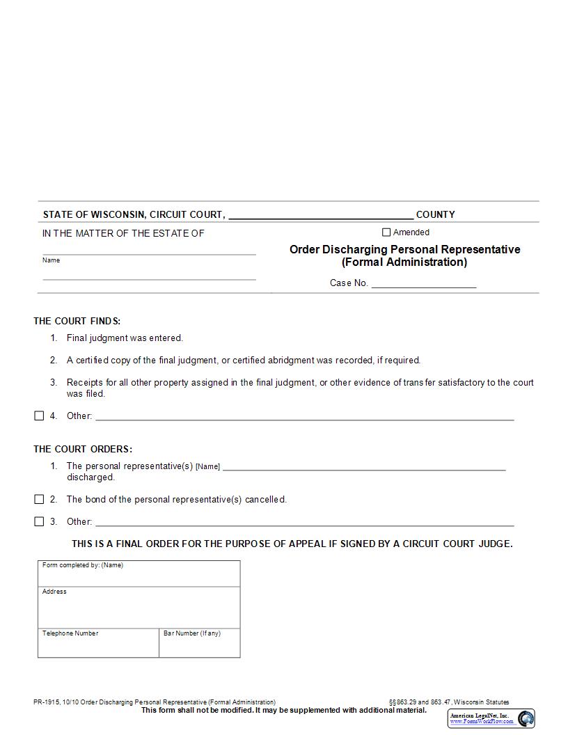 Order Of Discharge Of Personal Representative (Formal Administration) {PR-1915} | Pdf Fpdf Docx | Wisconsin