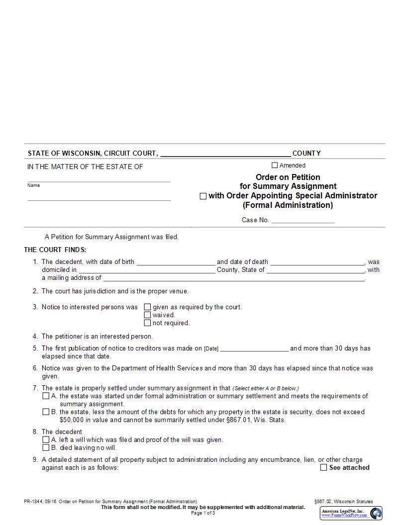 Order On Petition For Summary Assignment (Formal Administration) {PR-1844} | Pdf Fpdf Docx | Wisconsin