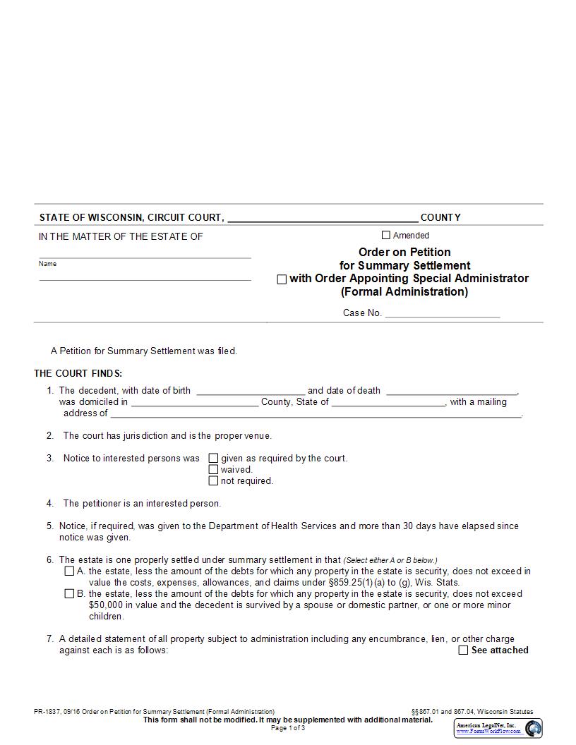 Order On Petition For Summary Settlement (Formal Administration) {PR-1837} | Pdf Fpdf Docx | Wisconsin