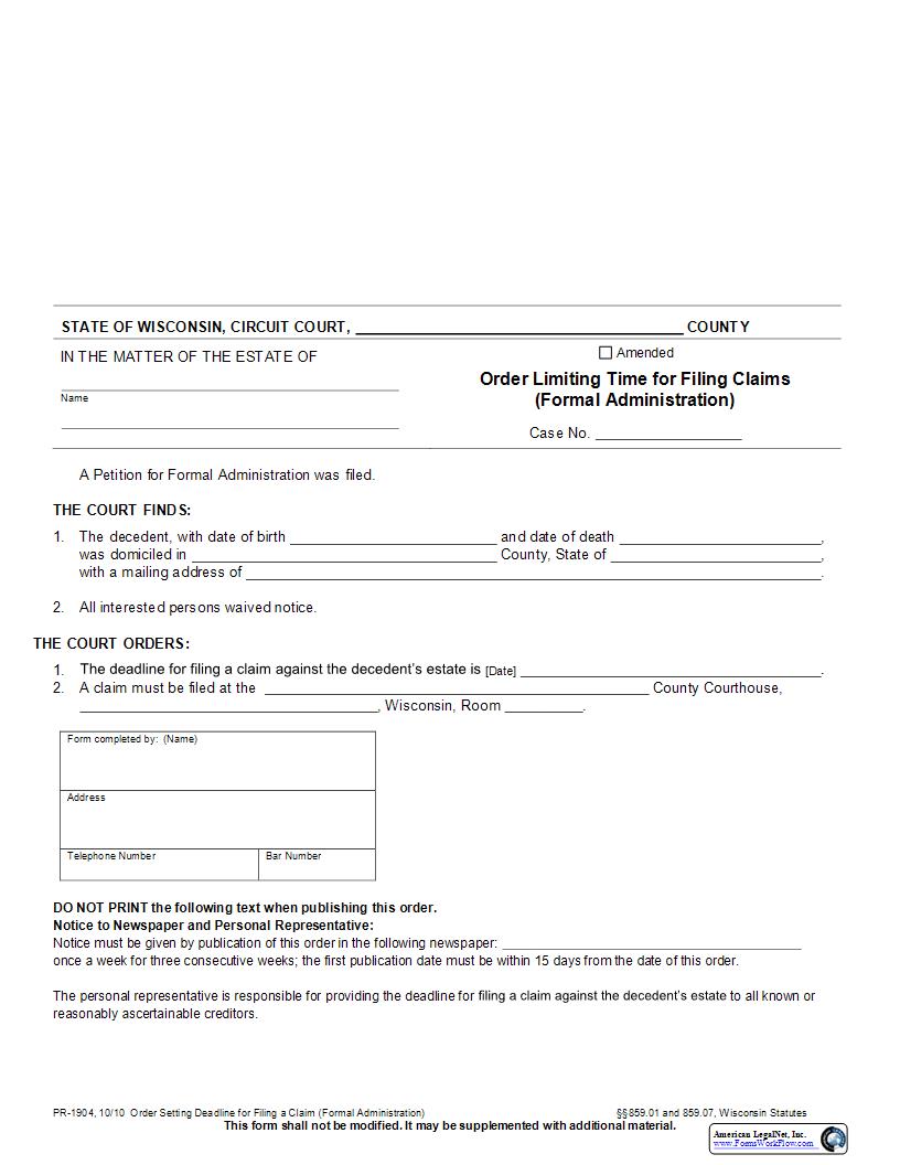 Order Setting Deadline For Filing a Claim (Formal Administration) {PR-1904} | Pdf Fpdf Docx | Wisconsin