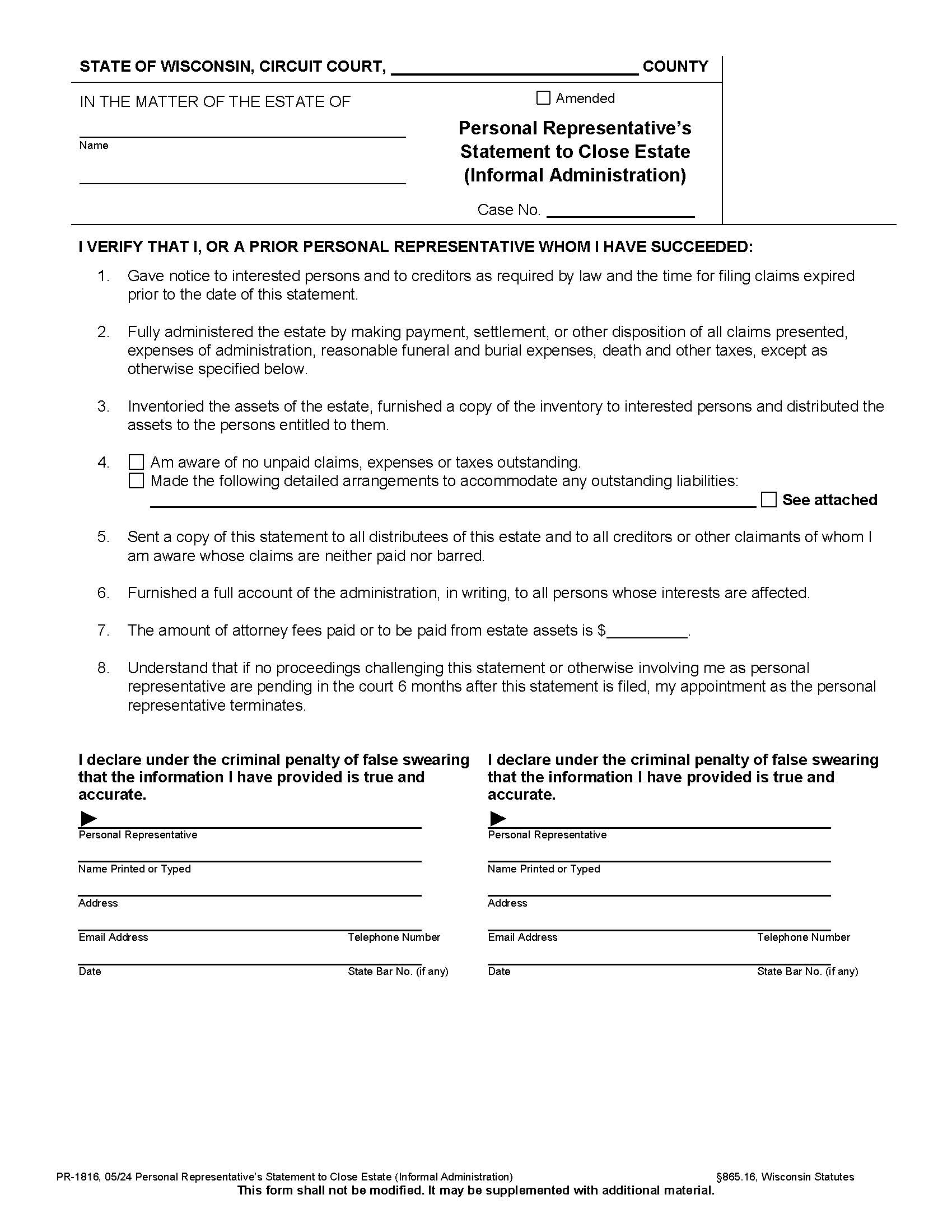 Personal Representatives Statement To Close Estate (Informal Administration) {PR-1816} | Pdf Fpdf Docx | Wisconsin