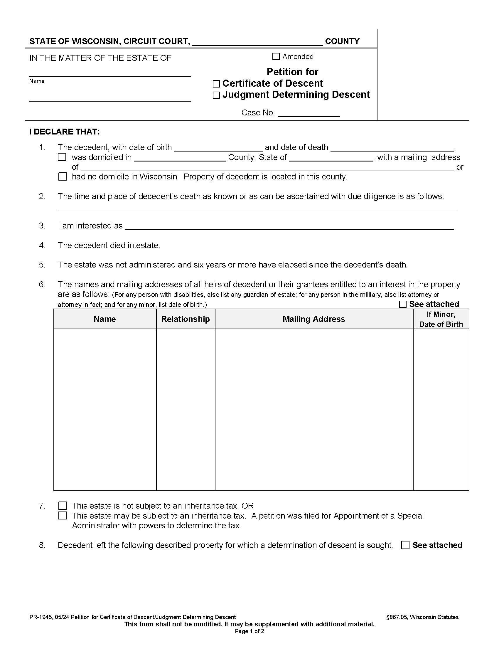 Petition For Certificate Of Descent-Judgment Determining Descent {PR-1945} | Pdf Fpdf Docx | Wisconsin