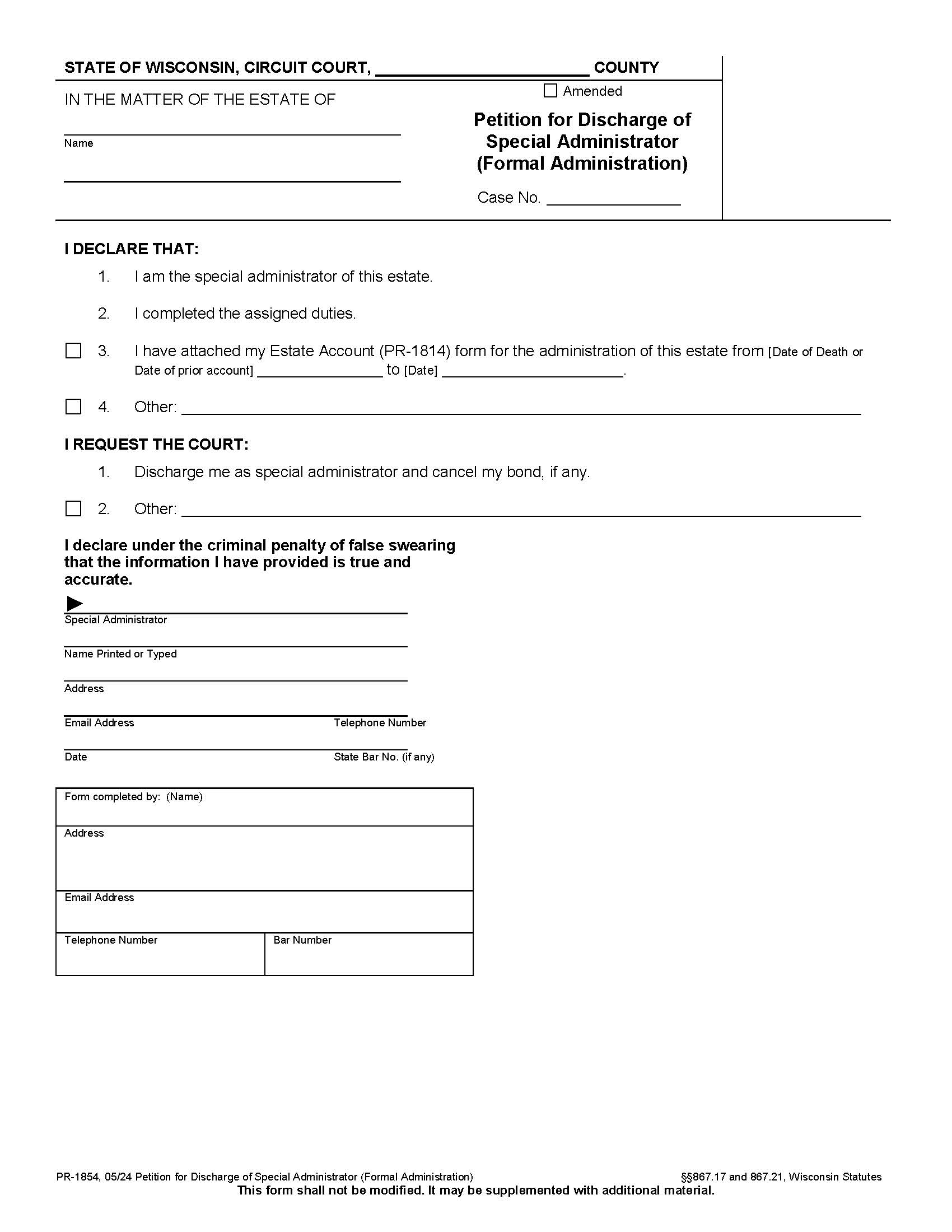 Petition For Discharge Of Special Administrator (Formal Administration) {PR-1854} | Pdf Fpdf Docx | Wisconsin