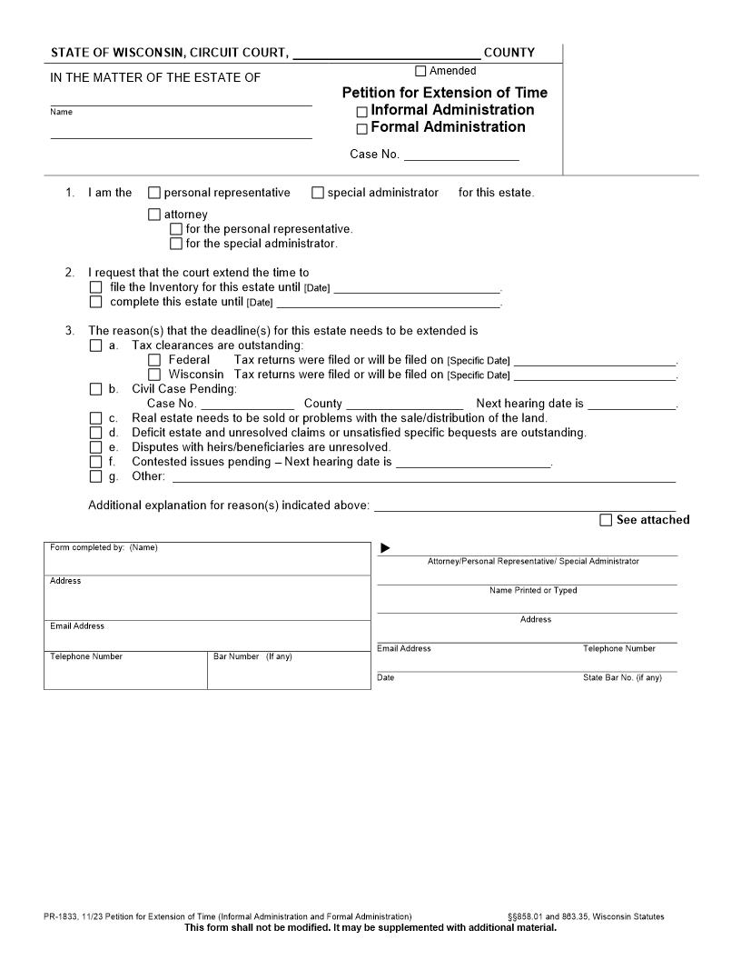 Petition For Extension Of Time {PR-1833} | Pdf Fpdf Docx | Wisconsin