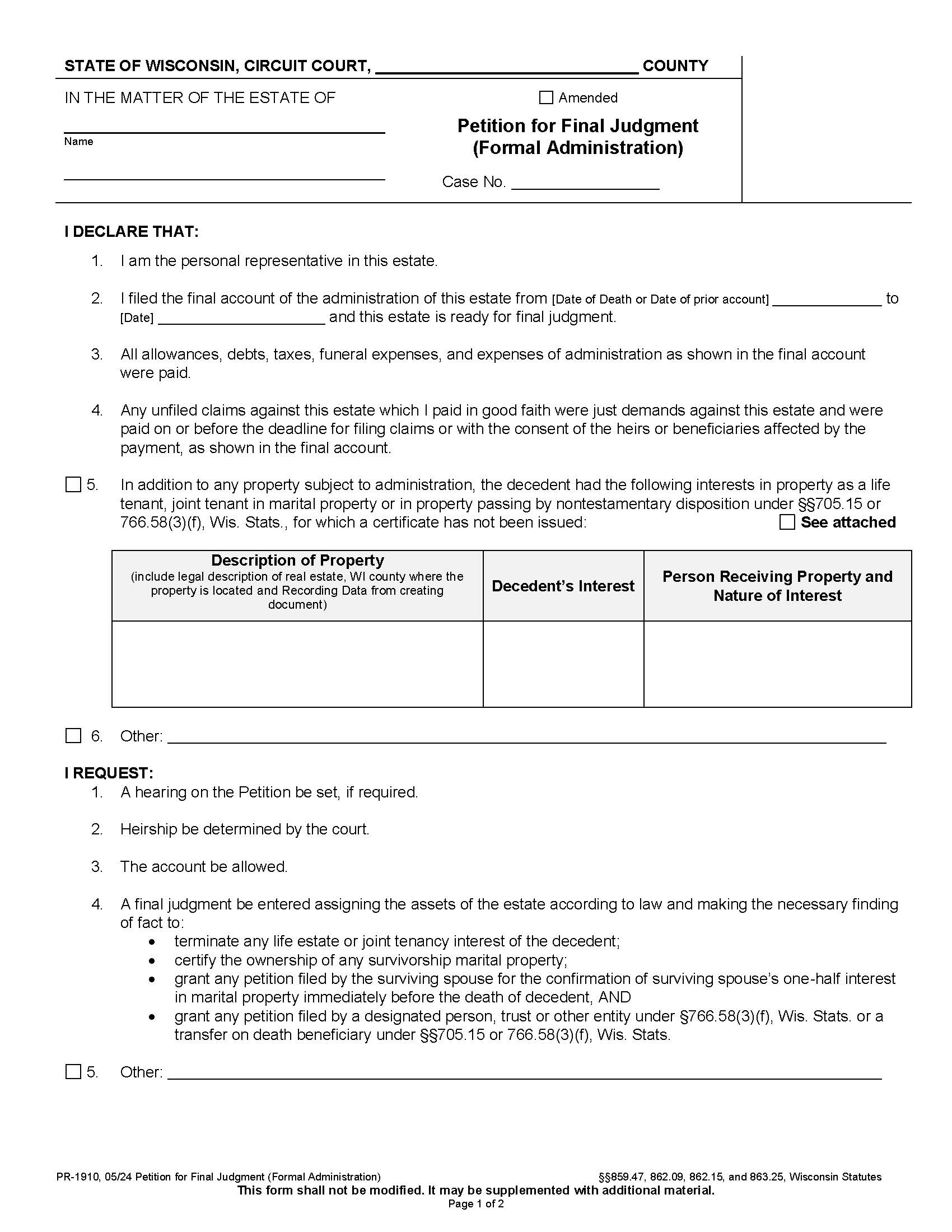 Petition For Final Judgment (Formal Administration) {PR-1910} | Pdf Fpdf Docx | Wisconsin