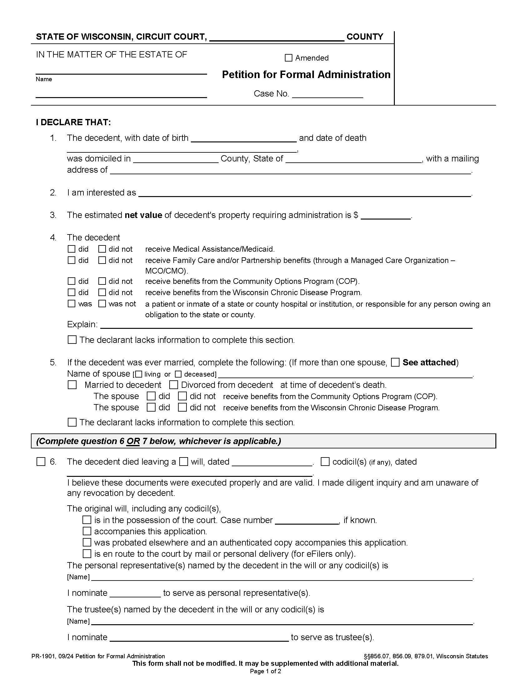 Petition For Formal Administration {PR-1901} | Pdf Fpdf Docx | Wisconsin