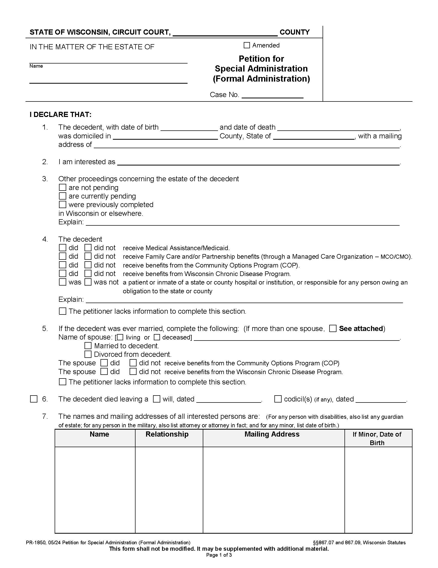 Petition For Special Administration (Formal Administration) {PR-1850} | Pdf Fpdf Docx | Wisconsin