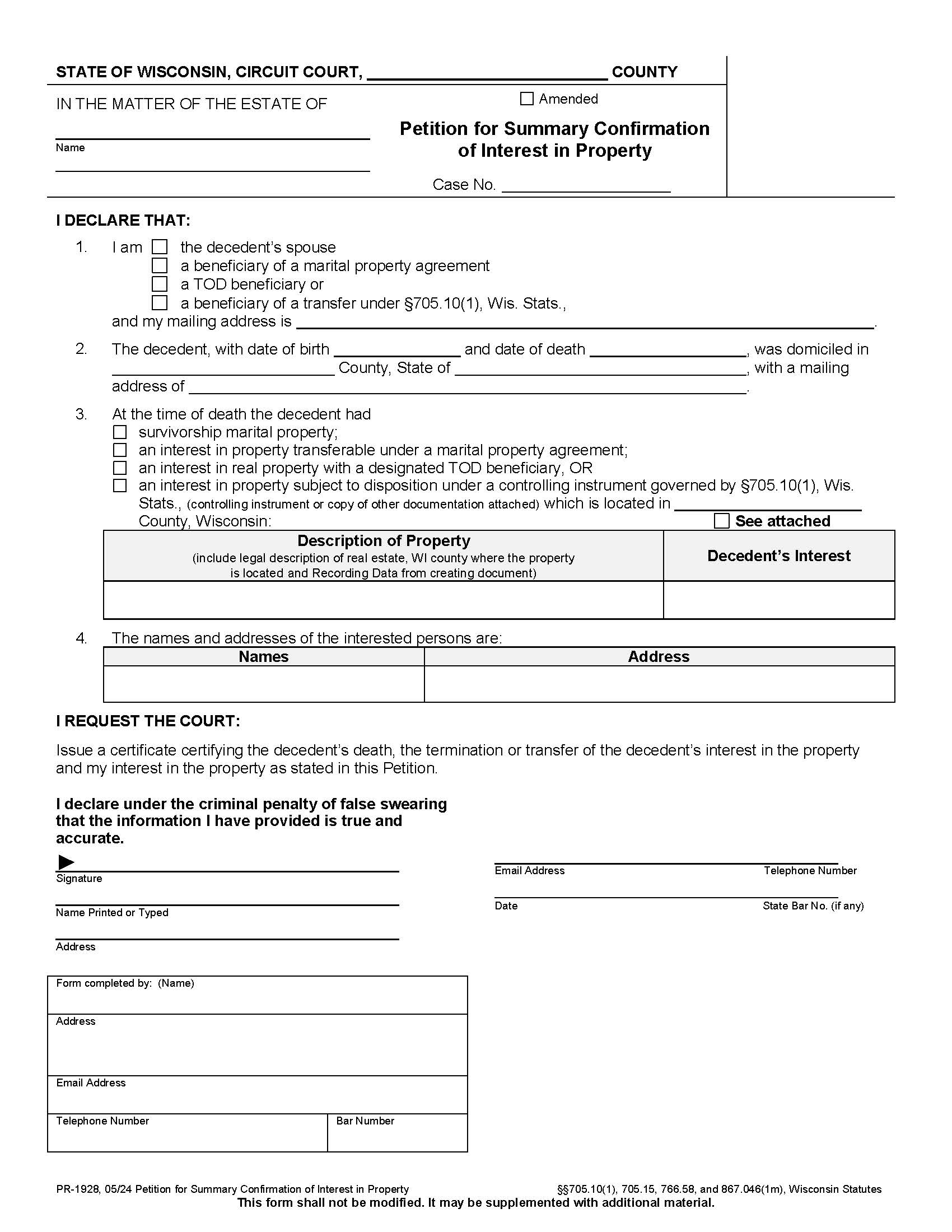 Petition For Summary Confirmation Of Interest In Property {PR-1928} | Pdf Fpdf Docx | Wisconsin