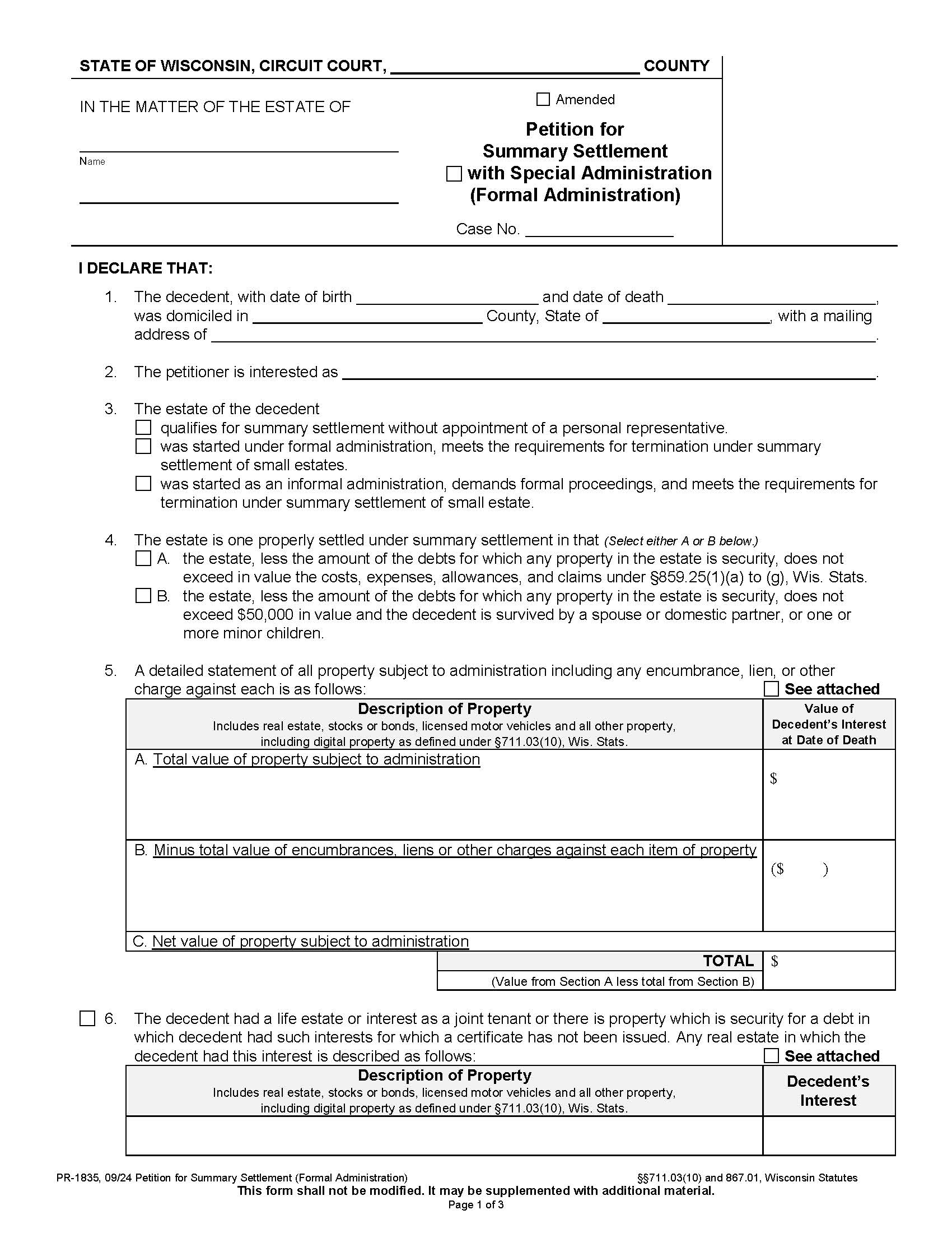 Petition For Summary Settlement {PR-1835} | Pdf Fpdf Docx | Wisconsin