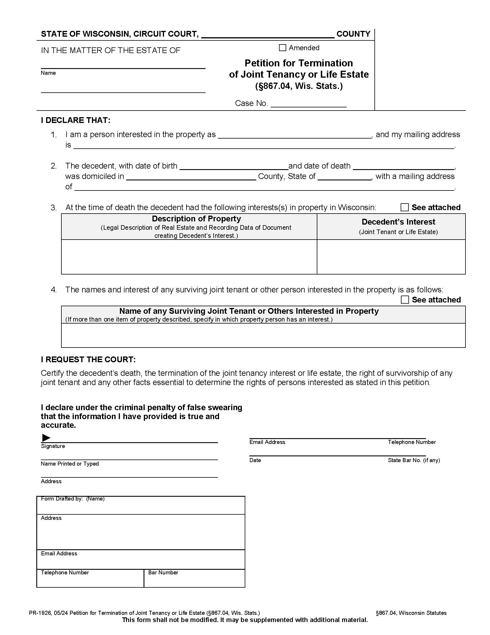 Petition For Termination Of Joint Tenancy Or Life Estate (867.04) {PR-1926} | Pdf Fpdf Docx | Wisconsin