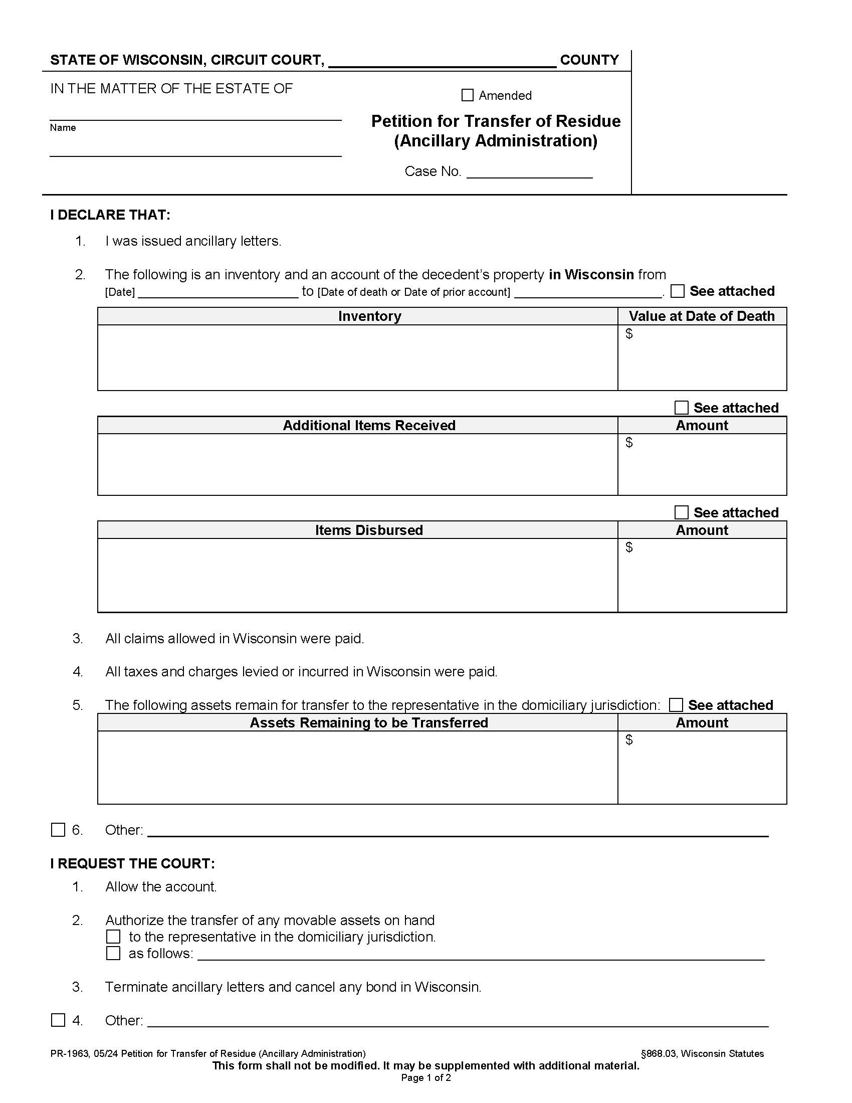 Petition For Transfer Of Residue (Ancillary) {PR-1963} | Pdf Fpdf Docx | Wisconsin